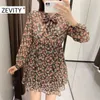 ZEVITY 여성 빈티지 꽃 프린트 캐주얼 주름 팬 시폰 미니 드레스 여성 긴 소매 활 묶여 Vestido Chic 브랜드 드레스 DS4530 210603