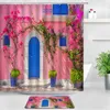 Rideaux de douche ville rurale rue fleurs paysage tapis de bain ensemble jaune mur bleu porte en bois décor de jardin salle de bain tapis antidérapants