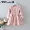 Koreanischer Stil Frühling Kinder Mädchen Kleid Rosa Blau Plaid Langarm Dame Kleider Kinder Kleidung E538 210610