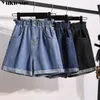 Verão Alto Cintura Denim Shorts Mulheres Casual Solta Senhoras Moda Roll Up Hem Elastic Calça Jeans Plus Size S-5XL 210722