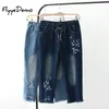Verão Feminino Algodão Floral Flores Bordado Loxo Bezerro Jeans Calças Elástico Calças Mulheres Plus Size Quality 210708