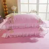 Ensembles de literie 100% coton lit rond 4 pcs broderie glands bord de dentelle taie d'oreiller housse de couette drap-housse et jupe 200 cm 220 cm