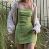 KLALIEN Femmes Mode Élégant Streetwear Sangle Mini Robe D'été Solide Vert Tricot Stretch Slim Bureau Dame Robes 211029