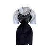 Women's Fashion Retro Chic Short Sleeve Shirt Tops + Bow less Package Hip Mini Dress Two Piece Suits S401 210527