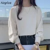 Neple Spring Women Blouse Koreaanse stijl eenvoudige o-neck zoete mode shirts solide kleur all-match casual femme blusas 210308