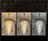 LED E14 Luxe Crystal Golden Lange Kroonluchter Duplex Building Hollow Hanging Light Armatuur Grote Lamp Moderne Villa Hall Trap