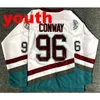 Nikivip Maillot de hockey Mighty Ducks Movie pour jeunes enfants # 33 Greg Goldberg # 96 Charlie Conway # 99 Adam Banks # 66 Gordon Bombay Maillots cousus Blanc