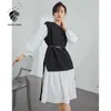 Fansilanen Fake Två Piece Spring Midi Dress Kvinnor Patchwork Casual Svart Skjorta Kvinna Bälte Bandage Lossa Elegant 210607