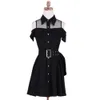 Kobiety 2021 Nowa Lato Single Breasted Style Styl Sukienka Sweet Black Turn-Down Collar Mini krótkie sukienki z pasem Vestidos 30A C0304