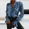 Women's Blouses & Shirts V-neck Women Elegant Blue White Ruffles Front Buttons Retro Office Lady Spring Autumn Long Sleeve Casual Tops