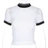 T-shirt Femme Femmes Été CottonT Chemises Tops Sexy T-shirt Voir à travers la maille transparente Crop manches courtes Sheer Slim Vêtements Col roulé