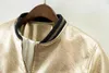 Spring Cool Fashion Gold PU Läderjacka Kvinnlig Bomber Coat Stand Collar Striped Patchwork Silver Kvinnors Jackor Streetwear 210914
