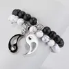 Lovers Gift Jewelry Enameled Yin Yang Gossip Charm White Turquoise Black Beads Strands Bracelet Wholesale 2pcs/Set