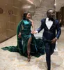 Sexig Hunter Green Mermaid Prom Klänningar För Afrikansk Med Hög Slit High Neck Elastisk Satin Kaftan Dubai Evening Dresses Plus Size Formell Kappa