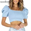 Vintage Puff Short Sleeve Knitted Pullover Women Square Collar Slim Crop Top Shirt Spring Blouse Summer 210604