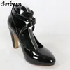 Sorbern, zapatos de vestir negros brillantes para mujer, zapatos de tacón alto con punta redonda Vintage, tacón grueso, varios colores