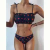 Colysmo Siyah Bikini Push Up Yastıklı Mayo Kadınlar Kravat Sapanlar Kalp Baskı Mayo Yüksekliği Kesim Tong Bikini Setleri 210527