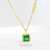 Silvology 925 Sterling Silver Square Green Zircon Pendant Necklace for Women Elegant Mori Style Necklace Light Luxury Jewelry Q0531