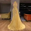 2021 Yellow Satin Evening Dresses For Women High Neck Beaded A Line Prom Party Gowns Feather Long Wrap Formal Robe De Soirée