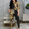 Women's Two Piece Pants 2022 Trendy Elegant Set Outfits Women Striped Print Colorblock Knot Front Buttoned Top & High Waist