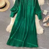 Vintage Pleated Chiffon Long Dress Women Casual Solid Pink/Green/Red O-Neck Draped Slim Vacation Vestidos Autumn Robe 2020 New Y0603