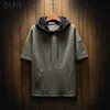 GUYI Patchwork Hoodies Sweatshirts Men Hooded Casual Male Lace up Autumn Hoodies Hip Hop Boy Pullover Pocket Short Sleeve 201130