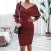 Women's Tracksuits Bright Silk Knitted Sweater Skirt Two Piece Set Casual Long Sleeved V-neck Clothes Red Blue Black