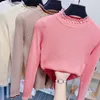 새로운 디자인 여성 가을 ​​스탠드 칼라 루플 구슬 구슬 스레드 니트 긴 소매 귀여운 Bodycon 스웨터 탑 점퍼