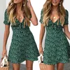 Mode kvinnor kortärmad wrap boho blommig mini klänning damer sommar semester fest sundress kvinnlig vestidos y0823