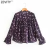 Zevity Kobiety Vintage O Neck Floral Print Purple Color Smock Bluzka Kobieta Retro Butterfly Rękaw Koszulki Chic Blusas Topy LS7527 210603