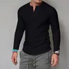 Men's T-Shirts Pullover Button T-shirt Solid Color Casual Round Neck Long Sleeve Tunic Bottom Tops