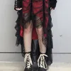 Rosetische gotische Mesh-Plissee sexy Strap Kleid Frauen dunkles Mädchen Sommer rot schwarz unregelmäßiger Patchwork Designer lange Kleider 210309