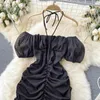 Sexy zwart / wit gedrapeerde bodycon jurk vrouwen zomer vierkante kraag mesh korte mouw hoge taille halter mini vestidos vrouwelijke 2021 y0603