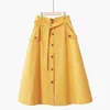 Summer Lace Up Cotton Solid Mid Skirt For Womens High Waist Single-breasted A-line Skirt Women Black High Waist Skirt Femme 210315