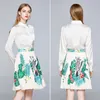 Women's Summer office OL Runway Print 2 Pieces Suits white blouse Shirt Crop Top + High Waist Pleated Mini Skirt Work wear Set 210529