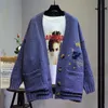 Azyt mulheres outono inverno malha cardigan cartoon bordado bordado sweater casaco harajuku solto elegante v pescoço mulheres Cardigans 210918