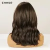 Emmor fluffig brun peruk för kvinnor naturliga långa vågiga peruker med lugg mode värmebeständig fiber5356542