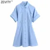 Zevity mulheres moda bolso remendo cor sólida casual camisa slim vestido escritório senhora elástico cintura breasted business vestido ds8324 210603