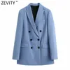 Zevity 2021 Women Fashion Double Breasted Casual Blazer Coat Office Ladies Pockets Stylish Outwear Suit Chic Busintops CT661 X0721