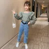 Kids Clothes Plaid Blouse + Jeans Girls Outfits Ruffles Tracksuit Spring Autumn Costumes For Children 6 8 10 12 14 210528