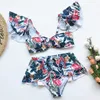 2020 Floral Print Tweedelige Set Bikini Dames Off Schouder Badpak Ruches Hoge Taille Badmode Zomer Beach Biquini Badpak X0522