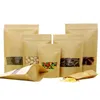 100 stks Lot Stand Up Kraft Papieren Bag Herbruikbare Afdichtingszakken met Transparante Raam Opbergzakken voor Gedroogde Voedsel Koffiemoeren