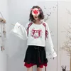 White Floral Embroidery Lace Up Hoodies Sweatshirts For Women Long Sleeve O-neck Harajuku Pullover Sweet Style Cotton Tracksuits 201201