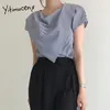 Yitimuceng Nieregularny bluzka Kobiety Oversize Paski Koszule Koreańska Moda Krótki Rękaw Światła Niebieskie Dark Blue Tops Lato 210601