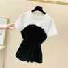 Design Patchwork Pleated Panelled Hugging Fake Two-Piece T-shirt Summer Korean Style Ageing O Neck Shirt Women Tops 210615
