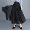 Yaz Tül Etekler Bayan Midi Pileli Etekler Siyah Tül Etek Kadın Bahar Moda Elastik Yüksek Bel Mesh Tutu Etekler 210311