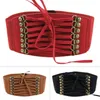 Belts Ladies Medieval Retro midjebälte PU -läder med nit elegant bred elastisk spänne midja