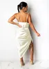 2021 Fashion Ruched Satin Summer Dress Drawstring Spaghetti Straps Cowl Neck Backless Long Dresses for Women Party Sexy Vestidos