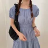 Korejpaa Frauen Kleid Korea Chic Sommer Sanfte Retro Oansatz Falte Trim Höhe Taille Blase Ärmel Über Knie-länge Kleider 210526