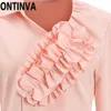 Clearance Ladies Elegant Pink Color Ruffles Blouse Tops Shirt Irregular Work Wear Button up Long Sleeve Female Fashion Blusas 210527